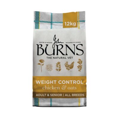 Front of Burns dog food bag: Weight Control chicken & oats, 12 kg, with gold banner and botanical illustrations