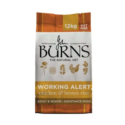 Bag of Burns dog food, 12 kg, labeled VAT-free, with illustrations of plants and a chicken; features text 'The Natural Vet' and 'Working Alert' with chicken and brown rice flavor.