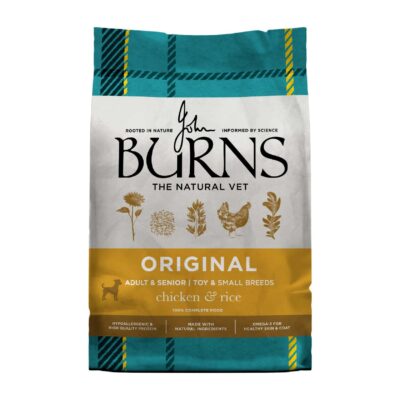 Front of Burns Original dog food bag showing chicken & rice recipe for adult and small breeds. Teal top, gold bottom, decorative plants.