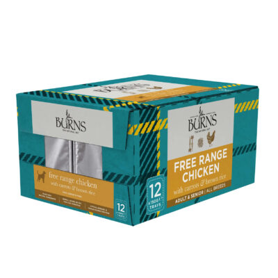 Teal dog food box labeled John Burns, 'Free Range Chicken' formula for adults and seniors, 12 trays per carton.