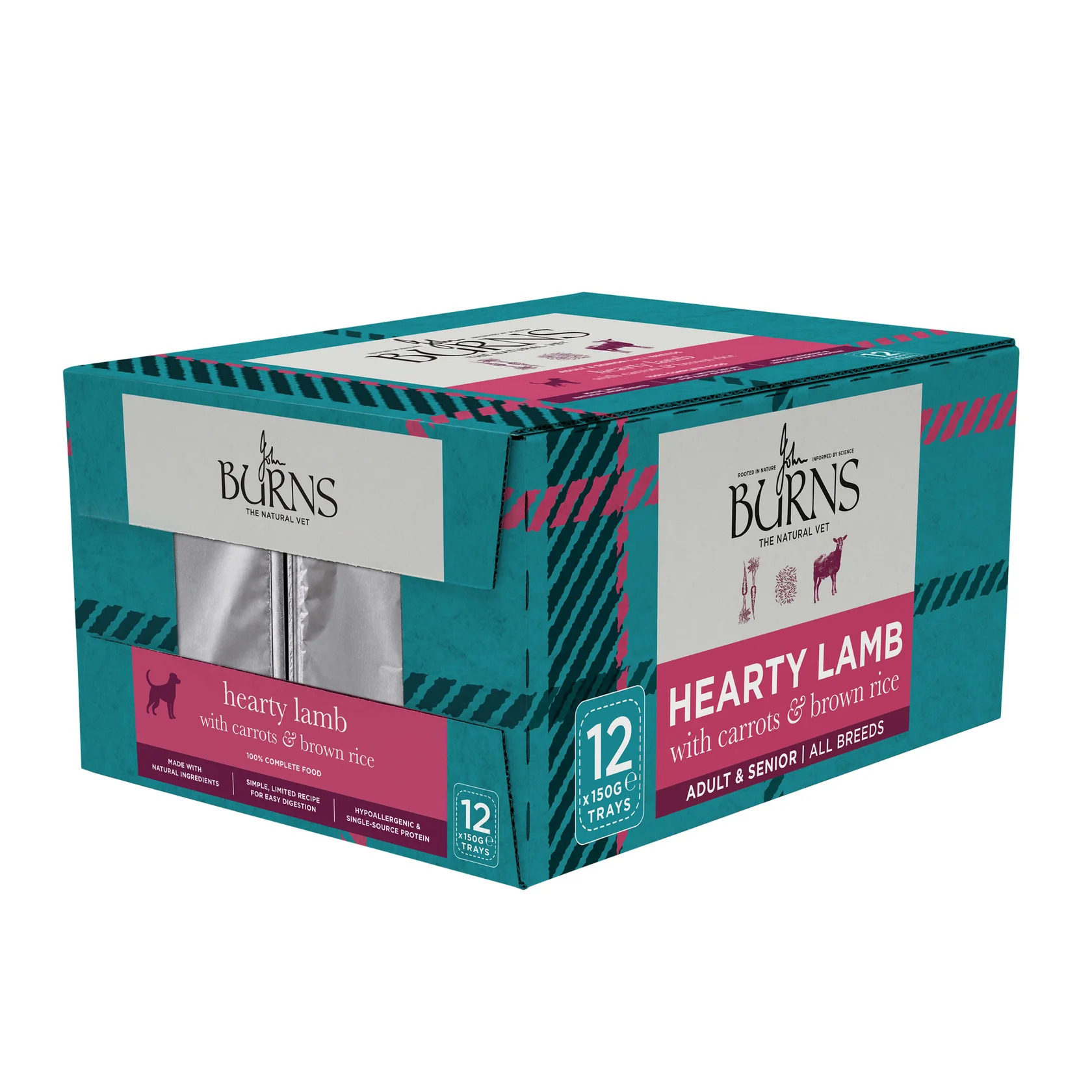 Teal and pink Burns Hearty Lamb dog food box with 12 trays, front-facing label visible.