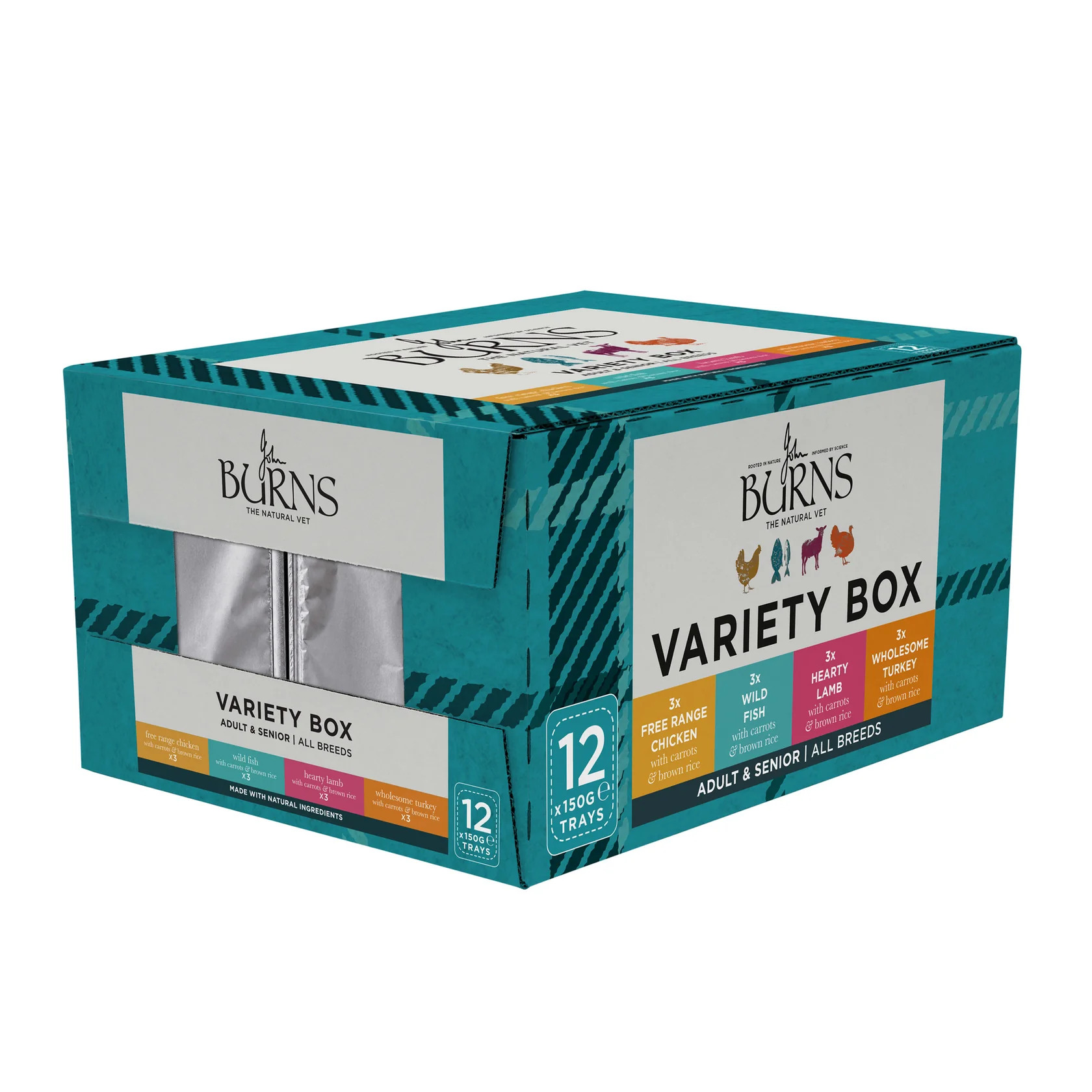 Teal Burns Variety Box packaging for pets, labeled 12 trays for adult and senior all breeds, front and side view