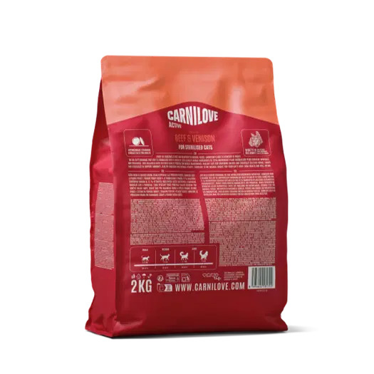 Red Carnilove cat food bag for sterilised cats, 2 kg, shown from the back with nutritional information and feeding guidelines.