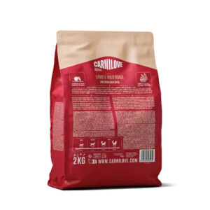 2 kg bag of Carnilove Lamb & Wild Boar cat food for sterilized cats, red and beige packaging, back view.