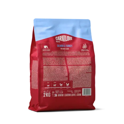 Carnilove cat food bag, red with a blue top, labeled Salmon & Turkey for adult cats; 2 kg.