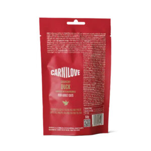 Red Carnilove Crunchy Duck cat food bag for adult cats, shown from the side with nutrition/ingredients text on the panel.