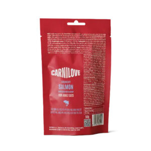 Red Carnilove Crunchy Salmon cat food pouch for adult cats, label visible on front. (50 g)