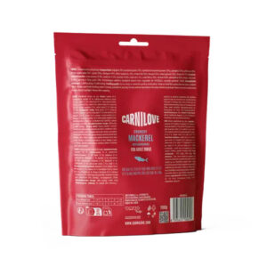 Red Carnilove dog food bag (mackerel flavor) seen from the back, with nutrition and ingredient text on the panel.