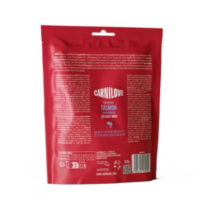 Red Carnilove dog food bag (Crunchy Salmon for adults) shown from the back with nutrition panel and barcode