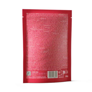 Back view of a red packaged food pouch with dense white text, nutrition information, barcode, and small icons visible on the lower section.