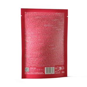 Back of a red pouch showing dense white text (ingredients and nutrition), with a barcode and small icons at the bottom.