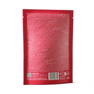 Back of a red standing pouch with dense white text and a small nutrition panel at the bottom, plus a barcode and icons.