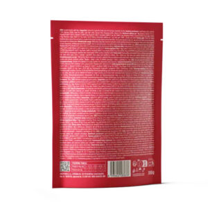 Back view of a red package with dense white text; includes a barcode, small icons, and a nutrition/ingredient area (packaging label).