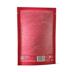 Back view of a red pouch with dense white text, a small nutrition/ingredients panel, barcode, and icons at the bottom.