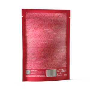 Back view of red packaging bag with dense white text (likely ingredients/nutrition) and a barcode, standing upright on a white backdrop.
