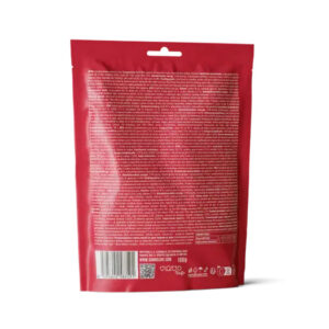 Back of a red stand-up pouch showing small print text, barcode, and icons/symbols at the bottom.