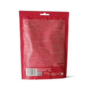 Back view of a red stand-up pouch with small print text, barcode, and recycling icons.