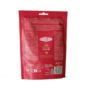 Red Carnilove Duck dog food bag for adult dogs, shown from the back with nutritional text and barcode visible.