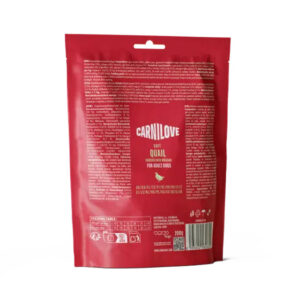 Red Carnilove dog food bag (back side) showing ingredients and nutrition panel; flavor quail for adults.