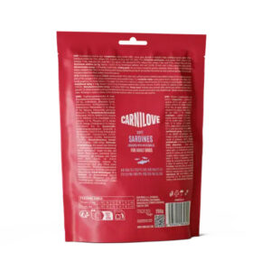 Red Carnilove Sardines dog treats pouch for adult dogs, back view showing ingredients and barcode.