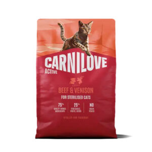 Bag of Carnilove Active cat food for sterilised cats, beef & venison flavor, red-orange bag with a cat jumping on top.