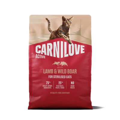 Carnilove Active cat food bag for sterilised cats, Lamb & Wild Boar flavor, red packaging with a jumping cat.