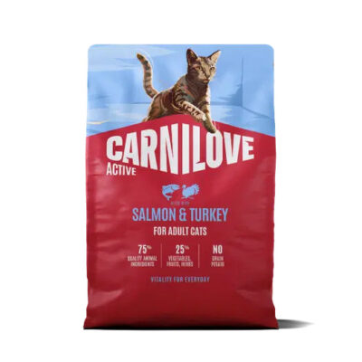 Bag of Carnilove Active cat food, salmon & turkey flavor for adult cats (blue/red packaging with a cat image).