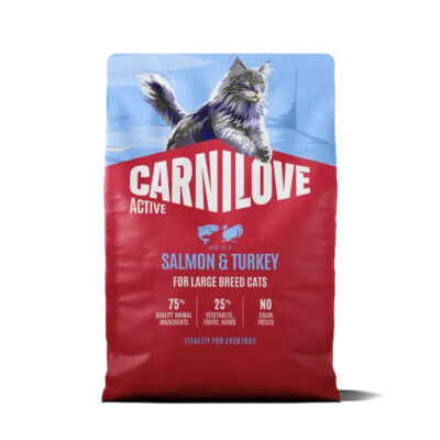 Bag of Carnilove Active Salmon & Turkey cat food for large breed cats, blue-red packaging with a cat illustration on top.
