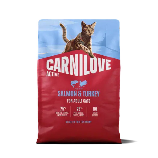 Bag of Carnilove Active cat food, salmon & turkey flavor for adult cats (blue/red packaging with a cat image).