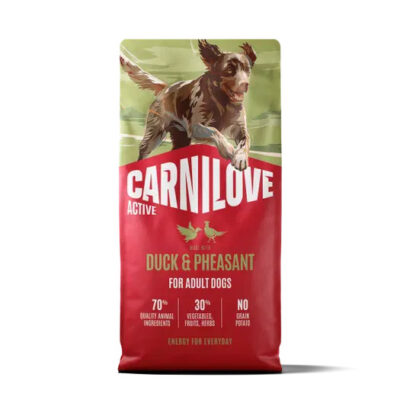 Carnilove Active dog food bag for adult dogs, duck & pheasant flavor, red packaging with a jumping dog on top.