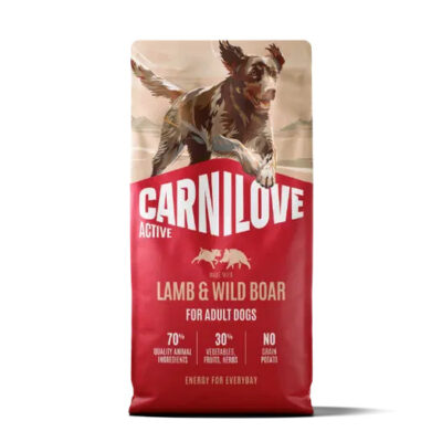 Carnilove Active dog food bag for adult dogs—Lamb & Wild Boar; 70% animal ingredients, 30% fruits/vegetables/herbs; no grain.