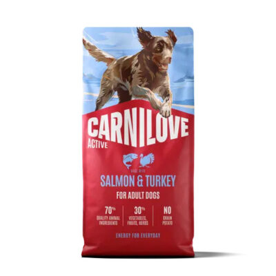 Carnilove Active dog food bag for adult dogs, salmon & turkey flavor, with a jumping brown-and-white dog on a blue background.