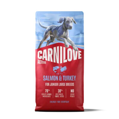 Dog food bag for Carnilove Active Salmon & Turkey for junior large breeds; red bag with a running dog image against a blue sky.