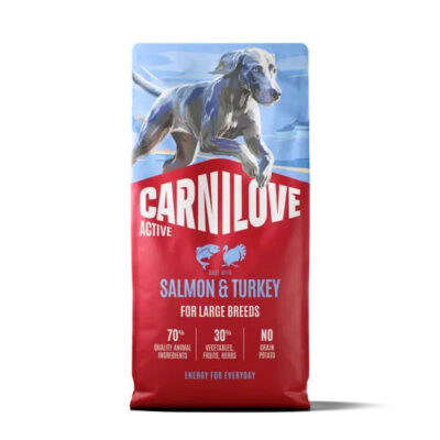 Bag of Carnilove Active dog food for large breeds, salmon and turkey flavor, red and blue packaging with a running dog image