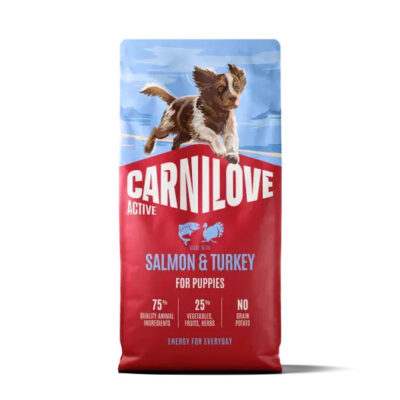 Carnilove Active Salmon & Turkey puppy dog food bag with a jumping dog on blue-to-red packaging