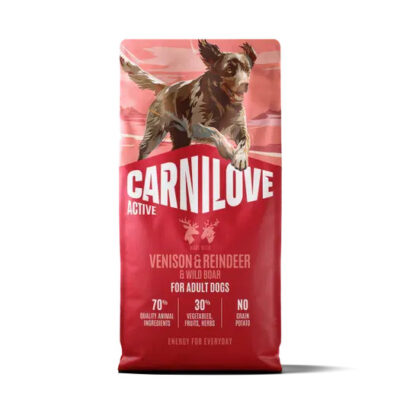 Red Carnilove Active dog food bag with a jumping dog on top and text about Venison & Reindeer flavor.