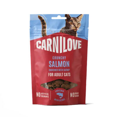 Bag of Carnilove Crunchy Salmon cat food for adult cats, showing a blue and red pouch with a cat image at the top and a window of kibble at the bottom.