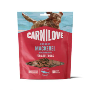 Carnilove Crunchy Mackerel dog treats bag for adult dogs, raspberry flavor; packaging shows a running dog.