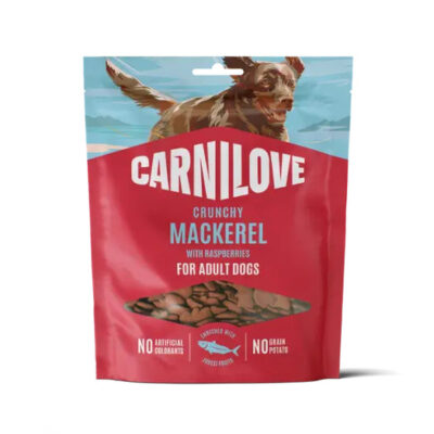 Carnilove Crunchy Mackerel dog treats bag for adult dogs, raspberry flavor; packaging shows a running dog.