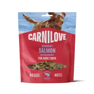 Carnilove Crunchy Salmon dog treats bag for adult dogs, featuring salmon flavor with blueberries.