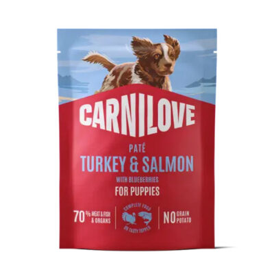 Red dog food bag featuring a running puppy and the label 'Carnilove Paté Turkey & Salmon for puppies' with '70% meat & organs' and 'No grain potato' text.