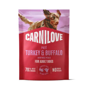 Carnilove pâté Turkey & Buffalo dog food for adult dogs on a red bag with a dog illustration on top of the package.