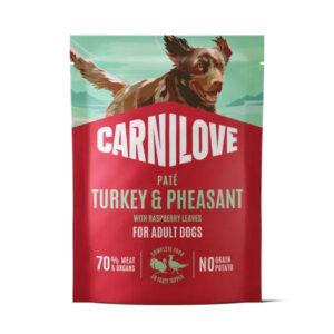 Carnilove pâté dog food bag: Turkey & Pheasant for adult dogs, 70% meat & organs, no grain, raspberry leaves.