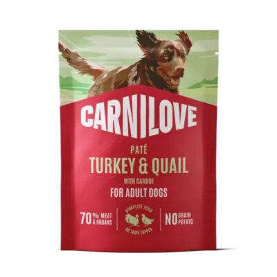 Carnilove dog food bag for adults, pâté turkey & quail with carrot; 70% meat and organs, no grain potatoes (front label).]