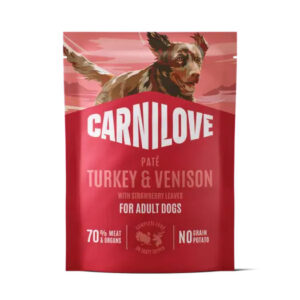 Carnilove dog food bag with a hound on red packaging; turkey & venison pâté for adult dogs, no grain potato, 70% meat & organs touchpoint on label