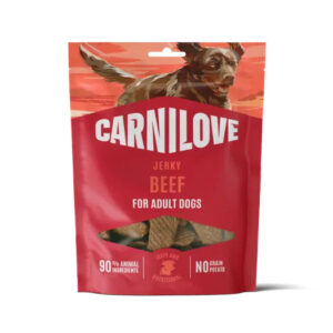 Carnilove Jerky Beef dog treats bag for adult dogs; red pouch with a dog graphic and a window showing beef jerky slices.