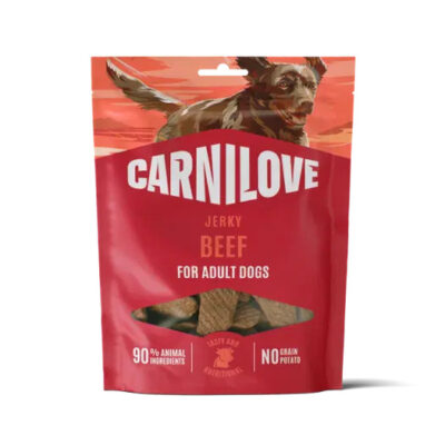 Carnilove Jerky Beef dog treats bag for adult dogs; red pouch with a dog graphic and a window showing beef jerky slices.