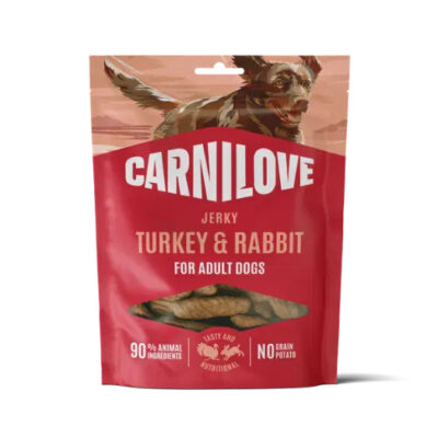 Carnilove Jerky Turkey & Rabbit for adult dogs—red packaging with a dog graphic on the bag