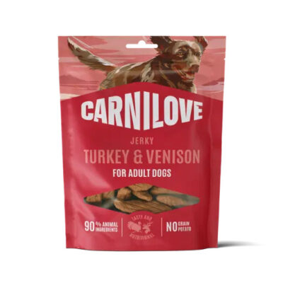 Carnilove jerky bag for adult dogs, turkey and venison flavor in a red pouch with dog illustration on the package.