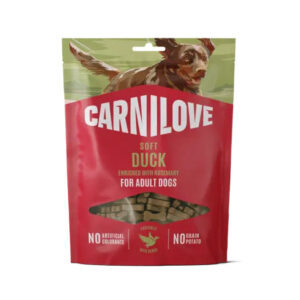 Red Carnilove Soft Duck dog treats pouch for adult dogs, featuring a dog illustration and a window showing treats.